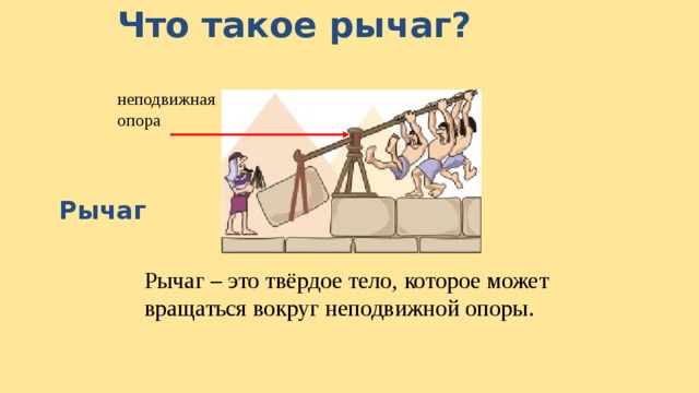 Что такое рычаг?   неподвижная опора Рычаг  Слайд 9. Рассмотрим самый простой и распространённый механизм – рычаг. Он представляет собой твёрдое тело, которое может вращаться вокруг неподвижной опоры (щелчок мышью). Рычаг – это твёрдое тело, которое может вращаться вокруг неподвижной опоры. 