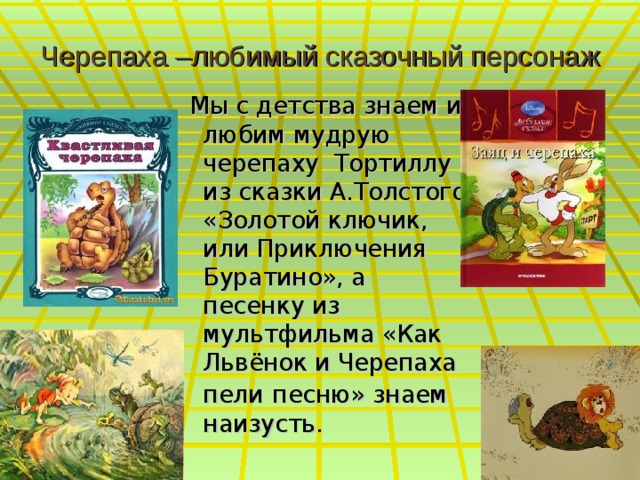 Черепаха –любимый сказочный персонаж  Мы с детства знаем и любим мудрую черепаху Тортиллу из сказки А.Толстого «Золотой ключик, или Приключения Буратино», а песенку из мультфильма «Как Львёнок и Черепаха пели  песню» знаем наизусть. 