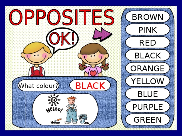 BROWN PINK ? RED BLACK ORANGE YELLOW BLACK What colour? BLUE PURPLE GREEN 