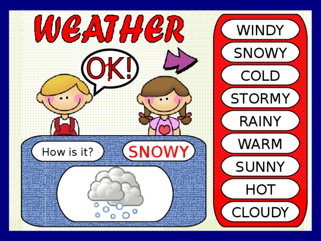 WINDY SNOWY ? COLD STORMY RAINY WARM SNOWY How is it? SUNNY HOT CLOUDY 