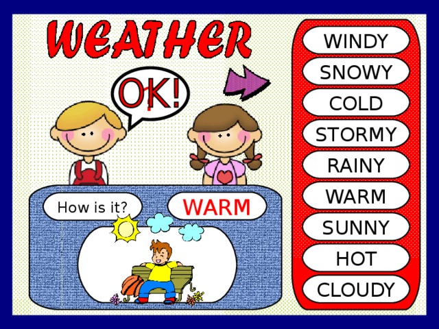 WINDY SNOWY ? COLD STORMY RAINY WARM WARM How is it? SUNNY HOT CLOUDY 