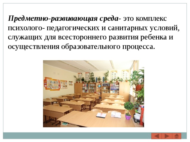 Предметно-развивающая среда- это комплекс психолого- педагогических и санитарных условий, служащих для всестороннего развития ребенка и осуществления образовательного процесса. 