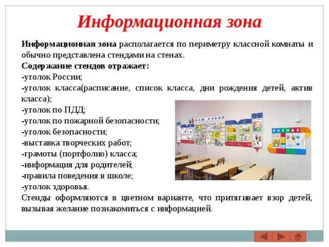 Информационная зона Информационная зона располагается по периметру классной комнаты и обычно представлена стендами на стенах. Содержание стендов отражает: -уголок России; -уголок класса(расписание, список класса, дни рождения детей, актив класса); -уголок по ПДД; -уголок по пожарной безопасности; -уголок безопасности; -выставка творческих работ; -грамоты (портфолио) класса; -информация для родителей; -правила поведения в школе; -уголок здоровья. Стенды оформляются в цветном варианте, что притягивает взор детей, вызывая желание познакомиться с информацией. 