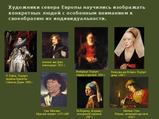 Художники севера Европы научились изображать конкретных людей с особенным вниманием к своеобразию их индивидуальности.    Антонис ван Дейк Автопортрет 1621 г. Рембрандт. Портрет старика в красном. 1654 г. Рогир ван дер Вейден. Портрет дамы. 1460 г. П. Рубенс Портрет маркизы Бригитты Спинолы Дориа 1606 г. Ханс Мемлинг. Ян Вермеер. Девушка с жемчужной сережкой. 1667 г. Маттиас Стом. Мужской портрет 1470-1480  Юноша, читающий при свече. 1640 г. 