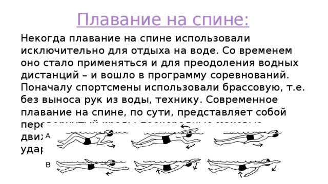 Плавание на спине: Некогда плавание на спине использовали исключительно для отдыха на воде. Со временем оно стало применяться и для преодоления водных дистанций – и вошло в программу соревнований. Поначалу спортсмены использовали брассовую, т.е. без выноса рук из воды, технику. Современное плавание на спине, по сути, представляет собой перевернутый кроль: поочередные маховые движения рук сопровождаются «порхающими» ударами ног по воде 