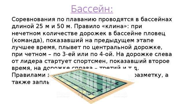 Бассейн: Соревнования по плаванию проводятся в бассейнах длиной 25 м и 50 м. Правило «клина»: при нечетном количестве дорожек в бассейне пловец (команда), показавший на предыдущем этапе лучшее время, плывет по центральной дорожке, при четном – по 3-ей или по 4-ой. На дорожке слева от лидера стартует спортсмен, показавший второе время, на дорожке справа – третий и т.д. Правилами запрещено «опираться» на разметку, а также заплывать на чужую дорожку 