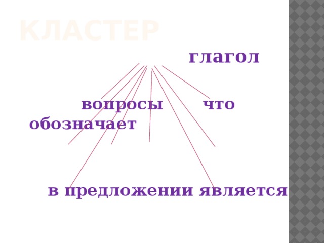 КЛАСТЕР  глагол   вопросы что обозначает    в предложении является 