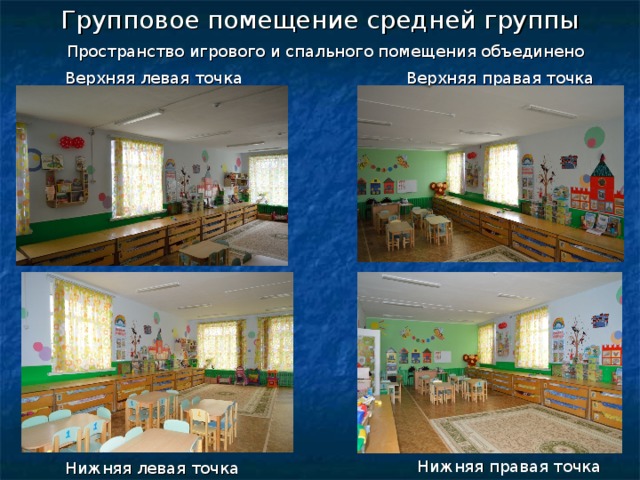 Групповое помещение средней группы    Пространство игрового и спального помещения объединено Верхняя левая точка Верхняя правая точка Нижняя правая точка Нижняя левая точка 