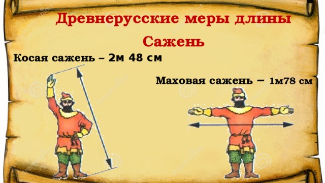 Древнерусские меры длины Сажень Косая сажень – 2м 48 см  Маховая сажень – 1м78 см  5 