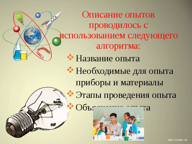 Описание опытов проводилось с использованием следующего алгоритма: Название опыта Необходимые для опыта приборы и материалы Этапы проведения опыта Объяснение опыта Название опыта Необходимые для опыта приборы и материалы Этапы проведения опыта Объяснение опыта 