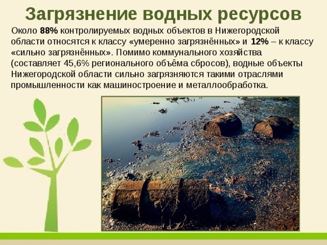 Загрязнение водных ресурсов Около  88%  контролируемых водных объектов в Нижегородской области относятся к классу «умеренно загрязнённых» и  12%  – к классу «сильно загрязнённых». Помимо коммунального хозяйства (составляет 45,6% регионального объёма сбросов), водные объекты Нижегородской области сильно загрязняются такими отраслями промышленности как машиностроение и металлообработка.   