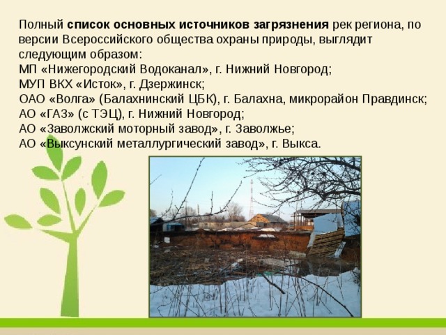 Полный  список основных источников загрязнения  рек региона, по версии Всероссийского общества охраны природы, выглядит следующим образом: МП «Нижегородский Водоканал», г. Нижний Новгород; МУП ВКХ «Исток», г. Дзержинск; ОАО «Волга» (Балахнинский ЦБК), г. Балахна, микрорайон Правдинск; АО «ГАЗ» (с ТЭЦ), г. Нижний Новгород; АО «Заволжский моторный завод», г. Заволжье; АО «Выксунский металлургический завод», г. Выкса. 
