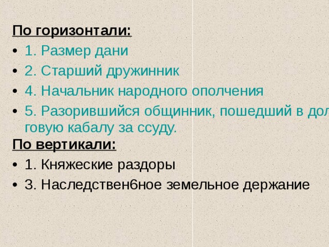  По горизонтали: 1. Размер дани 2. Старший дружинник 4. Начальник народного ополчения 5. Разорившийся общинник, пошедший в долговую кабалу за ссуду. По вертикали: 1. Княжеские раздоры 3. Наследствен6ное земельное держание 