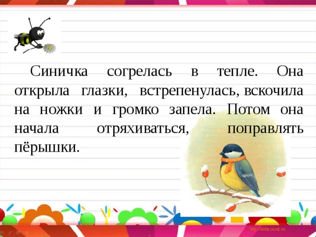 Синичка согрелась в тепле. Она открыла глазки, встрепенулась, вскочила на ножки и громко запела. Потом она начала отряхиваться, поправлять пёрышки. 