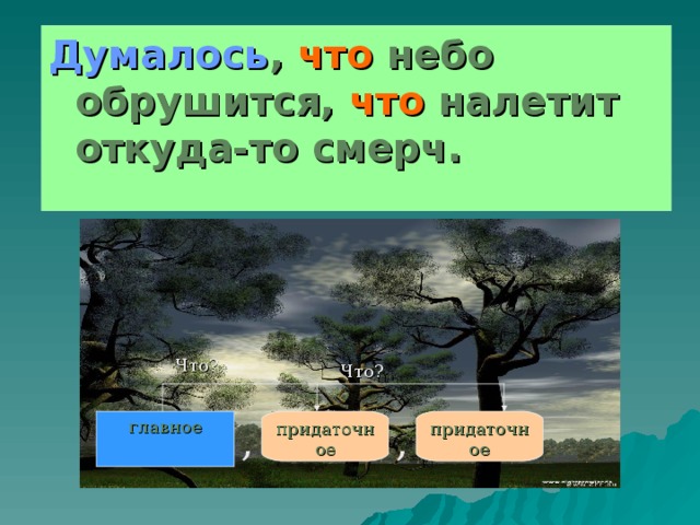 Думалось ,  что  небо обрушится,  что  налетит откуда-то смерч.  Что? Что? главное придаточное придаточное , , 