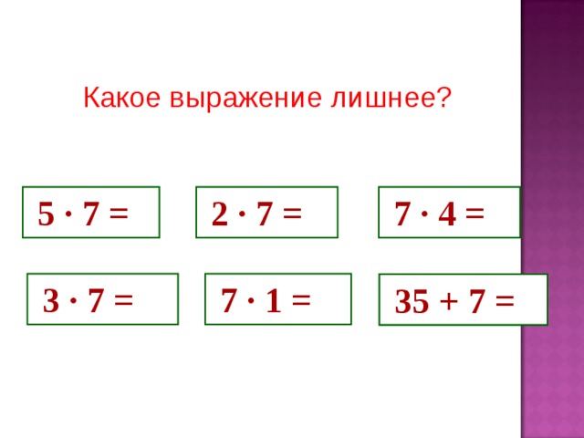 Какое выражение лишнее?  5 · 7 =  7 · 4 =  2 · 7 =  3 · 7 =  7 · 1 =  7 · 6 =  35 + 7 = 