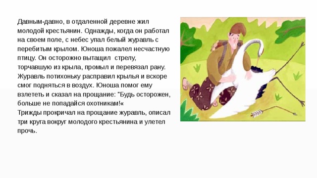 Давным-давно, в отдаленной деревне жил молодой крестьянин. Однажды, когда он работал на своем поле, с небес упал белый журавль с перебитым крылом. Юноша пожалел несчастную птицу. Он осторожно вытащил стрелу, торчавшую из крыла, промыл и перевязал рану. Журавль потихоньку расправил крылья и вскоре смог подняться в воздух. Юноша помог ему взлететь и сказал на прощание: 