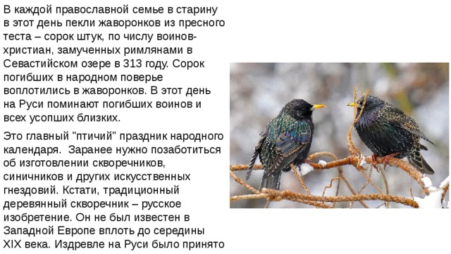 В каждой православной семье в старину в этот день пекли жаворонков из пресного теста – сорок штук, по числу воинов-христиан, замученных римлянами в Севастийском озере в 313 году. Сорок погибших в народном поверье воплотились в жаворонков. В этот день на Руси поминают погибших воинов и всех усопших близких. Это главный 