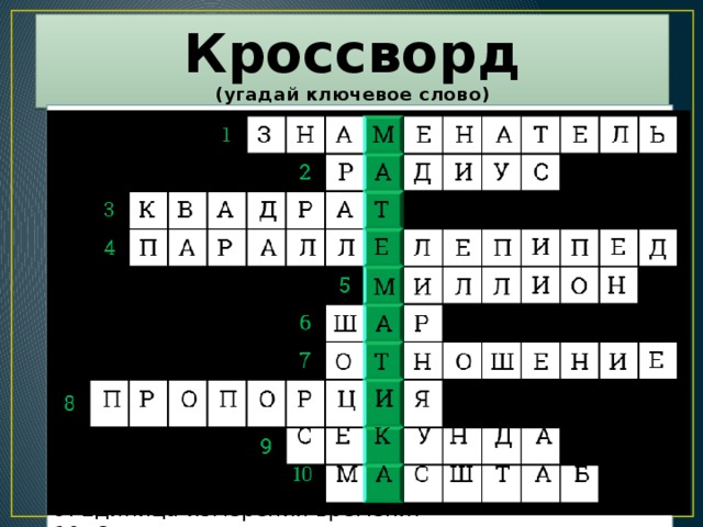 Кроссворд  (угадай ключевое слово) Вопросы: 1. Находится под дробной чертой и показывает, на сколько частей разделено целое. 2. Отрезок, соединяющий центр окружности с какой-либо точкой этой окружности. 3. Прямоугольник с равными сторонами. 4. Тело, представление о котором дают спичечный коробок, холодильник, шкаф и другие похожие предметы (оно имеет 6 граней, 12 рёбер и 8 вершин). 5. Тысяча тысяч. 6. Тело, ограниченное сферой. 7. Число  показывает … длины окружности к диаметру. 8. Равенство двух отношений. 9. Единица измерения времени. 10. Отношение длины отрезка на карте, чертеже, плане к длине отрезка, который он изображает. 