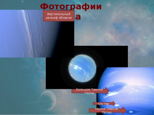 Фотографии Нептуна Вертикальный рельеф облаков Большое Темное Пятно Скутер Малое Темное Пятно 