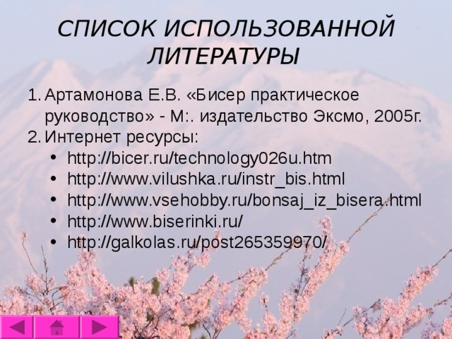 СПИСОК ИСПОЛЬЗОВАННОЙ ЛИТЕРАТУРЫ  Артамонова Е.В. «Бисер практическое руководство» - М:. издательство Эксмо, 2005г. Интернет ресурсы: http://bicer.ru/technology026u.htm http://www.vilushka.ru/instr_bis.html http://www.vsehobby.ru/bonsaj_iz_bisera.html http://www.biserinki.ru/ http://galkolas.ru/post265359970/ http://bicer.ru/technology026u.htm http://www.vilushka.ru/instr_bis.html http://www.vsehobby.ru/bonsaj_iz_bisera.html http://www.biserinki.ru/ http://galkolas.ru/post265359970/ 