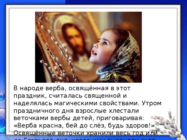 В народе верба, освящённая в этот праздник, считалась священной и наделялась магическими свойствами. Утром праздничного дня взрослые хлестали веточками вербы детей, приговаривая: «Верба красна, бей до слёз, будь здоров!». Освящённые веточки хранили весь год или до Егорьева дня, когда ими выгоняли скот, на божнице. 