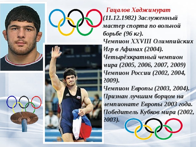  Гацалов Хаджимурат (11.12.1982) Заслуженный мастер спорта по вольной борьбе (96 кг). Чемпион XXVIII Олимпийских Игр в Афинах (2004). Четырёхкратный чемпион мира (2005, 2006, 2007, 2009) Чемпион России (2002, 2004, 2009). Чемпион Европы (2003, 2004). Признан лучшим борцом на чемпионате Европы 2003 года. Победитель Кубков мира (2002, 2003). 