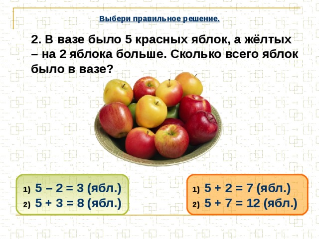 Выбери правильное решение.  2. В вазе было 5 красных яблок, а жёлтых – на 2 яблока больше. Сколько всего яблок было в вазе? 5 + 2 = 7 (ябл.) 5 + 7 = 12 (ябл.) 5 – 2 = 3 (ябл.) 5 + 3 = 8 (ябл.) 