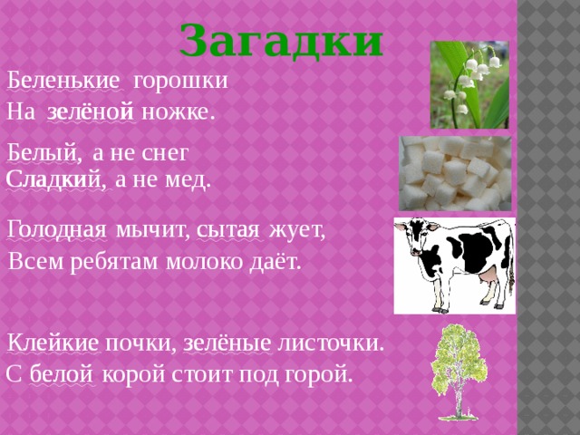 Загадки Беленькие горошки Беленькие На зелёной ножке. зелёной Белый , Белый, а не снег а не мед. Сладкий, Сладкий, сытая жует, Голодная Голодная сытая мычит, Всем ребятам молоко даёт. Клейкие почки, зелёные листочки. Клейкие зелёные С белой корой стоит под горой. белой 