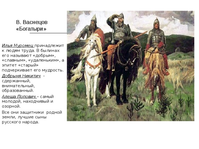 В. Васнецов «Богатыри» Илья Муромец принадлежит к людям труда. В былинах его называют «добрым», «славным», «удаленьким», а эпитет «старый» подчеркивает его мудрость. Добрыня Никитич - сдержанный, внимательный, образованный. Алеша Попович – самый молодой, находчивый и озорной. Все они защитники родной земли, лучшие сыны русского народа. 