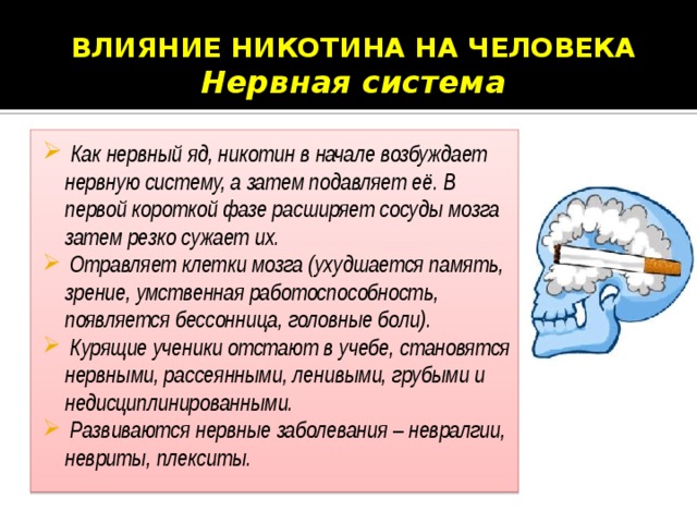 ВЛИЯНИЕ НИКОТИНА НА ЧЕЛОВЕКА  Нервная система  Как нервный яд, никотин в начале возбуждает нервную систему, а затем подавляет её. В первой короткой фазе расширяет сосуды мозга затем резко сужает их.  Отравляет клетки мозга (ухудшается память, зрение, умственная работоспособность, появляется бессонница, головные боли).  Курящие ученики отстают в учебе, становятся нервными, рассеянными, ленивыми, грубыми и недисциплинированными.  Развиваются нервные заболевания – невралгии, невриты, плекситы. 