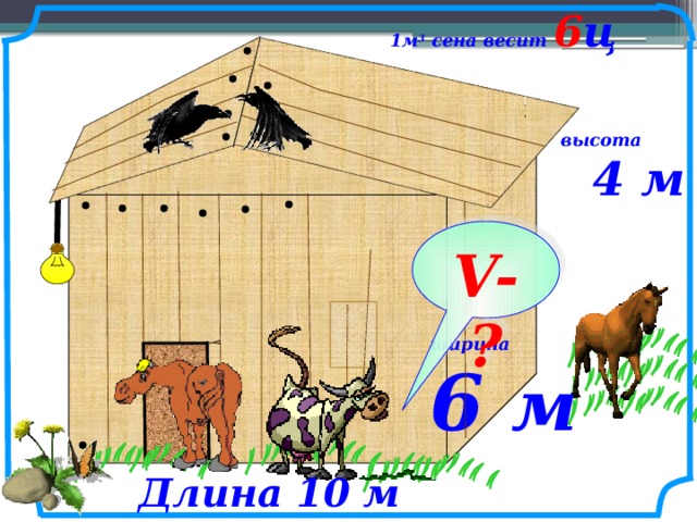 1м 3 сена весит 6 ц высота  4 м V-? ширина 6 м  № 819. Математика 5 класс. Н.Я.Виленкин. Сарай, имеющий форму прямоугольного параллелепипеда, заполнен сеном. Длина сарая 10 м, ширина 6 м, высота 4 м. Найдите массу сена в сарае, если масса 10 м 3 сена 6 ц. Длина 10 м  10 