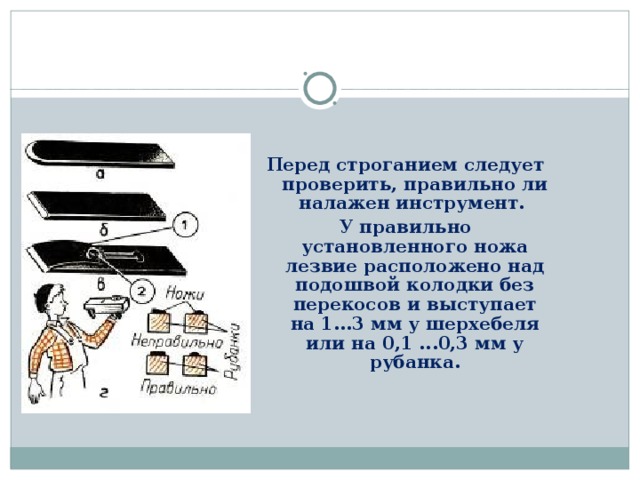 Перед строганием следует проверить, правильно ли налажен инструмент. У правильно установленного ножа лезвие расположе­но над подошвой колодки без перекосов и выступает на 1...3 мм у шерхебеля или на 0,1 ...0,3 мм у рубанка. 