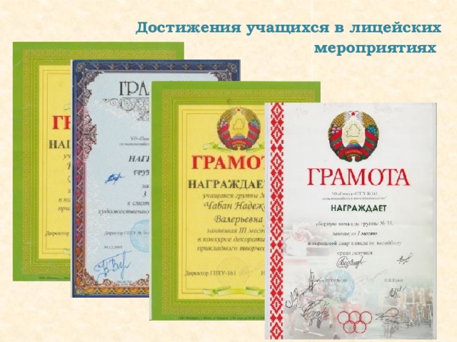Достижения учащихся в лицейских мероприятиях  