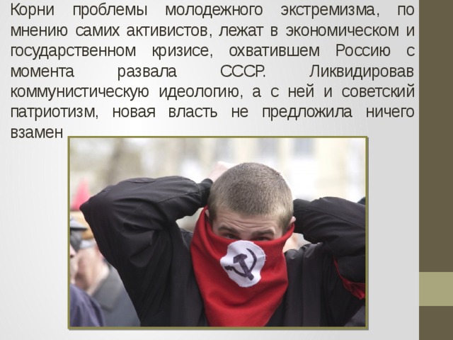 Корни проблемы молодежного экстремизма, по мнению самих активистов, лежат в экономическом и государственном кризисе, охватившем Россию с момента развала СССР. Ликвидировав коммунистическую идеологию, а с ней и советский патриотизм, новая власть не предложила ничего взамен 