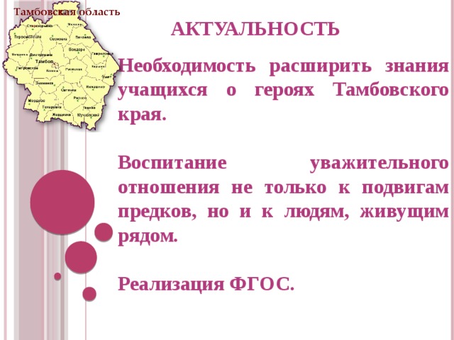 АКТУАЛЬНОСТЬ Необходимость расширить знания учащихся о героях Тамбовского края.  Воспитание уважительного отношения не только к подвигам предков, но и к людям, живущим рядом.  Реализация ФГОС. 