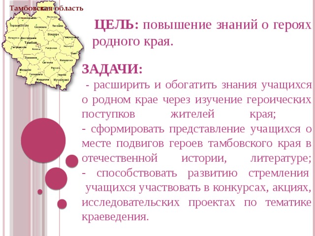   ЦЕЛЬ: повышение  знаний о героях родного края. ЗАДАЧИ:   - расширить и обогатить знания учащихся о родном крае через изучение героических поступков жителей края;  - сформировать представление учащихся о месте подвигов героев тамбовского края в отечественной истории, литературе;  - способствовать развитию стремления   учащихся участвовать в конкурсах, акциях, исследовательских проектах по тематике краеведения.   