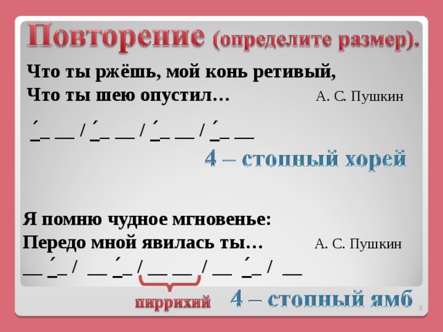 Что ты ржёшь, мой конь ретивый, Что ты шею опустил… А. С. Пушкин _́_ __ / _́_ __ / _́_ __ / _́_ __ Я помню чудное мгновенье:  Передо мной явилась ты…  А. С. Пушкин   __ _́_ /  __ _́_  / __  __ / __  _́_ /  __  