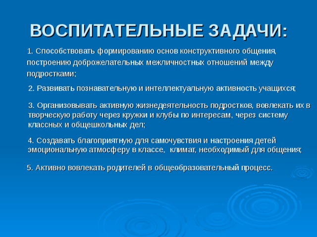 ВОСПИТАТЕЛЬНЫЕ ЗАДАЧИ: 1. Способствовать формированию основ конструктивного общения, построению доброжелательных межличностных отношений между подростками; 2. Развивать познавательную и интеллектуальную активность учащихся;  3. Организовывать активную жизнедеятельность подростков, вовлекать их в творческую работу через кружки и клубы по интересам, через систему классных и общешкольных дел;  4. Создавать благоприятную для самочувствия и настроения детей эмоциональную атмосферу в классе, климат, необходимый для общения; 5. Активно вовлекать родителей в общеобразовательный процесс. 
