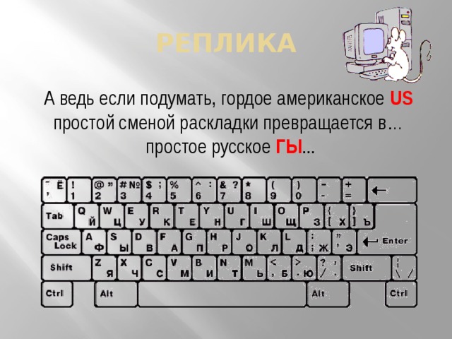 реплика А ведь если подумать, гордое американское US  простой сменой раскладки превращается в…  простое русское ГЫ ... 