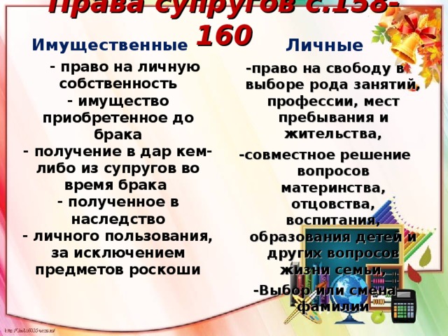 Права супругов с.158-160 Имущественные Личные  - право на личную собственность  - имущество приобретенное до брака  - получение в дар кем-либо из супругов во время брака  - полученное в наследство  - личного пользования, за исключением предметов роскоши   -право на свободу в выборе рода занятий, профессии, мест пребывания и жительства, -совместное решение вопросов материнства, отцовства, воспитания, образования детей и других вопросов жизни семьи, -Выбор или смена фамилии 