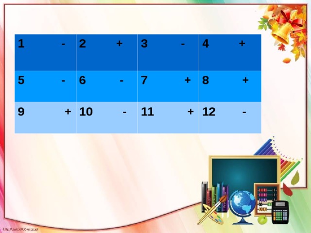 1 - 2 + 5 - 3 - 6 - 9 + 4 + 7 + 10 - 8 + 11 + 12 - 