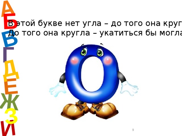 А И Б В Е Ж Д З В этой букве нет угла – до того она кругла, До того она кругла – укатиться бы могла. Г  