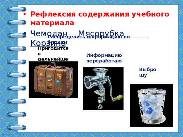 Рефлексия содержания учебного материала Чемодан Мясорубка Корзина Распределить информацию по блокам Пригодится в дальнейшем Информацию переработаю Выброшу  