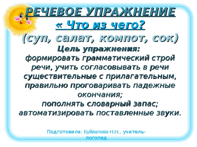 РЕЧЕВОЕ УПРАЖНЕНИЕ  « Что из чего?  (суп, салат, компот, сок)  Цель упражнения:  формировать грамматический строй речи, учить согласовывать в речи существительные с прилагательным, правильно проговаривать падежные окончания;  пополнять словарный запас; автоматизировать поставленные звуки.    Подготовила: Буйвалова Н.Н. , учитель-логопед 