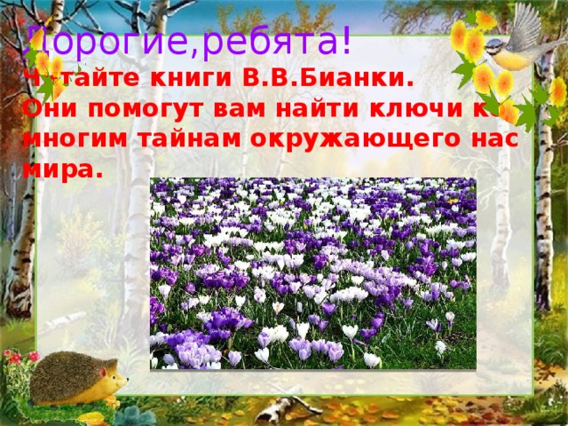  Дорогие,ребята!  Читайте книги В.В.Бианки.  Они помогут вам найти ключи ко многим тайнам окружающего нас мира.    