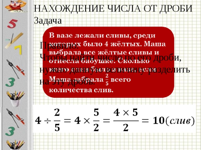НАХОЖДЕНИЕ ЧИСЛА ОТ ДРОБИ Задача Правило: Чтобы найти число по его дроби, нужно данную величину разделить на эту дробь. 