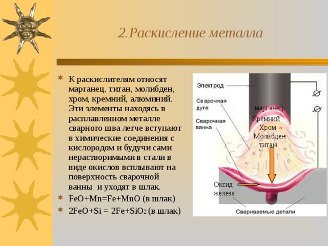 2.Раскисление металла К раскислителям относят марганец, титан, молибден, хром, кремний, алюминий. Эти элементы находясь в расплавленном металле сварного шва легче вступают в химические соединения с кислородом и будучи сами нерастворимыми в стали в виде окислов всплывают на поверхность сварочной ванны и уходят в шлак. FeO+Mn=Fe+MnO (в шлак) 2FeO+Si = 2Fe+SiO 2 (в шлак)  марганец Кремний  Хром  Молибден  титан Оксид железа 