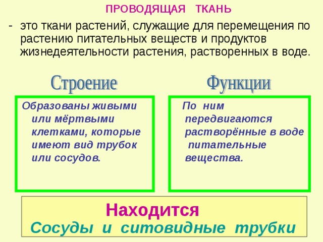 ПРОВОДЯЩАЯ ТКАНЬ это ткани растений, служащие для перемещения по растению питательных веществ и продуктов жизнедеятельности растения, растворенных в воде.  По ним передвигаются растворённые в воде питательные вещества.  Образованы живыми или мёртвыми клетками, которые имеют вид трубок или сосудов. Находится Сосуды и ситовидные трубки 