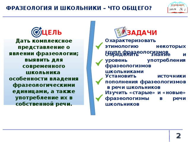 ФРАЗЕОЛОГИЯ И ШКОЛЬНИКИ – ЧТО ОБЩЕГО? ЦЕЛЬ ЗАДАЧИ Дать комплексное представление о явлении фразеологии; выявить для современного школьника особенности владения фразеологическими единицами, а также употребление их в собственной речи. Охарактеризовать этимологию некоторых групп фразеологизмов Определить знание и уровень употребления фразеологизмов школьниками Установить источники пополнения фразеологизмов в речи школьников Изучить «старые» и «новые» фразеологизмы в речи школьников   